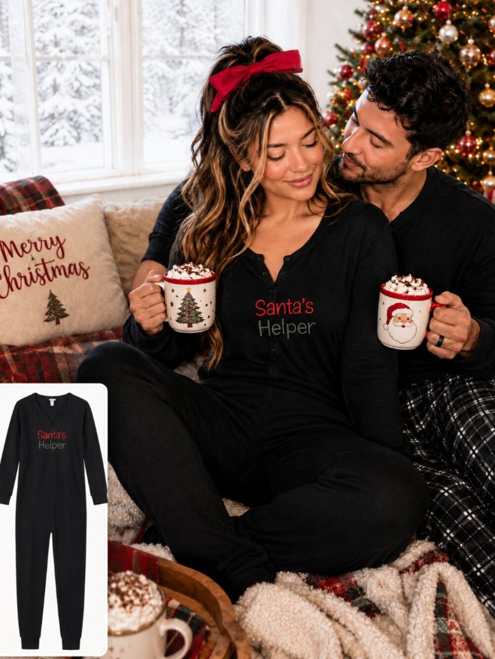 NWOT ShoSho Santa’s Helper Christmas Onesie Pajamas Women’s XL Black